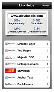 Link Juice показывает информацию об авторитете и популярности страницы и о домене, который она использует для таких инструментов, как SEOmoz (mozRank на уровне домена и страницы, авторитет страницы и домена, ссылки на страницы и домены, наиболее важные страницы, привязка текстов в ссылки), MajesticSEO (проиндексированные URL-адреса, внешние входящие ссылки, ссылающиеся домены), SEMRush (рейтинг и трафик SEMRush) и BackTweets (всего твитов и за последние 7 дней)